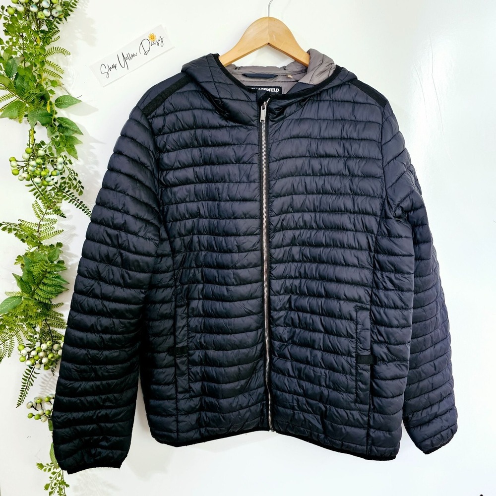 Karl Lagerfeld Paris Mens Black Quilted Hooded Puffer Jacket Coat Gorpcore L